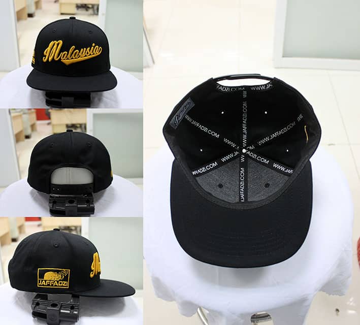 Sample snapback cap with gold embroidery